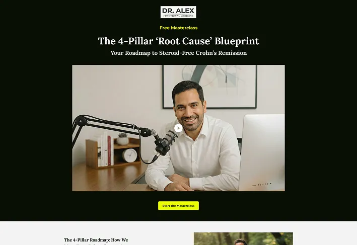 Free Crohn’s disease masterclass landing page featuring a doctor on video presenting the 4-Pillar Root Cause Blueprint for steroid-free remission.