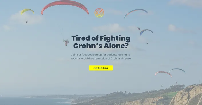 Hero section promoting a Crohn’s disease Facebook support group, with paragliders over a coastal landscape and a call to join the group.