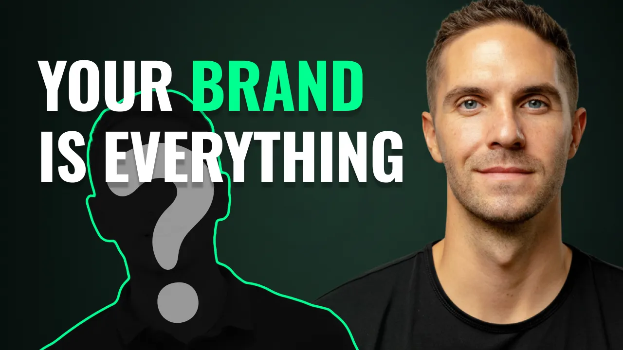 Man beside bold text “Your Brand Is Everything” with a silhouetted figure and question mark outlined in green on dark background.