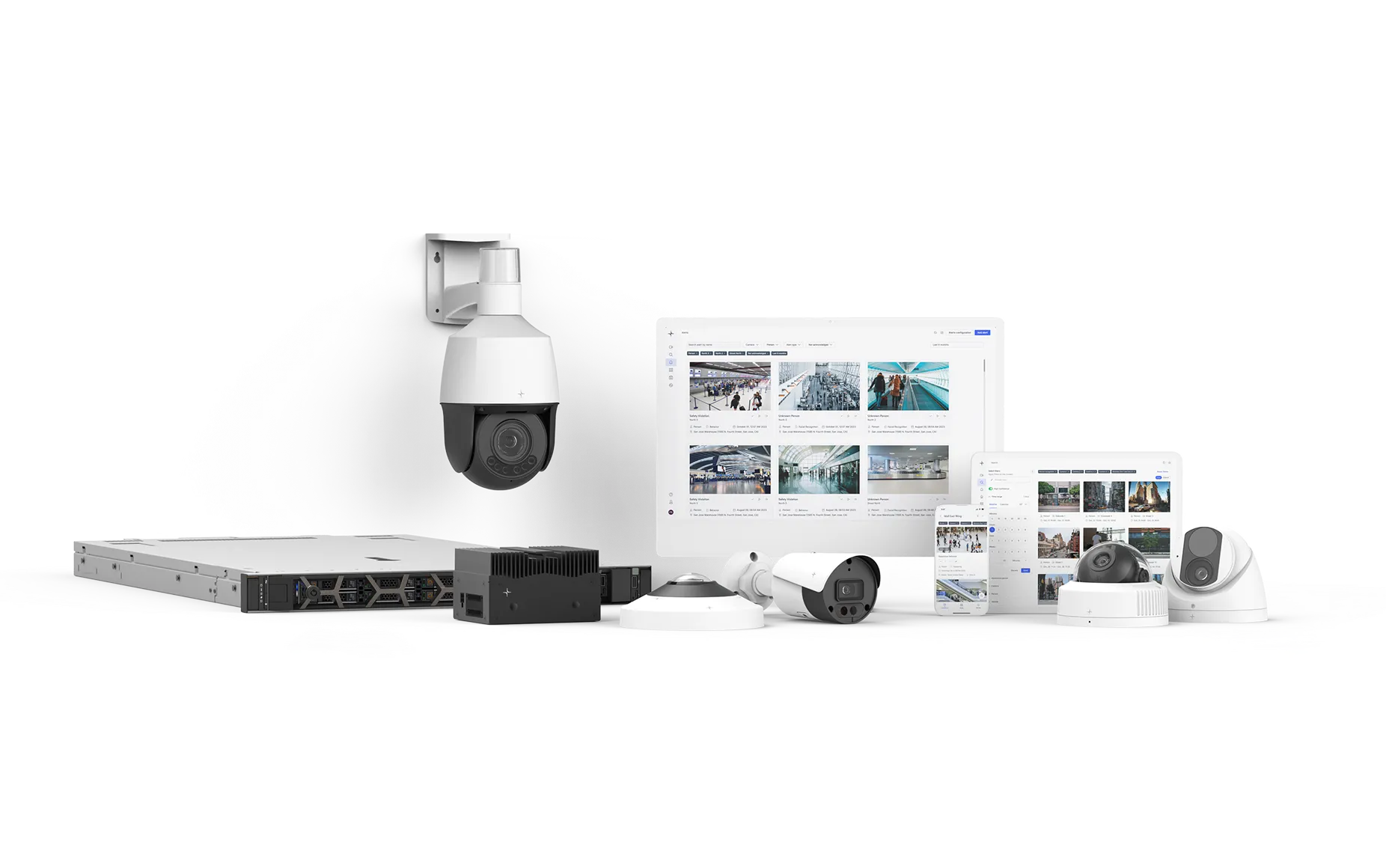 Various security cameras and surveillance systems displayed alongside digital screens showing security footage and monitoring interfaces.