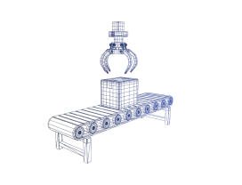 Blue 3D illustration of a conveyor belt with a gear and upward arrow indicating efficiency.