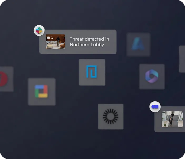 Screen showing integration icons with notifications about a threat detected in Northern Lobby and a live video feed of a person entering a building.