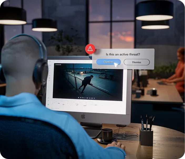 Person wearing headphones monitors security footage showing an intruder climbing a fence, with a prompt asking to confirm if it is an active threat.