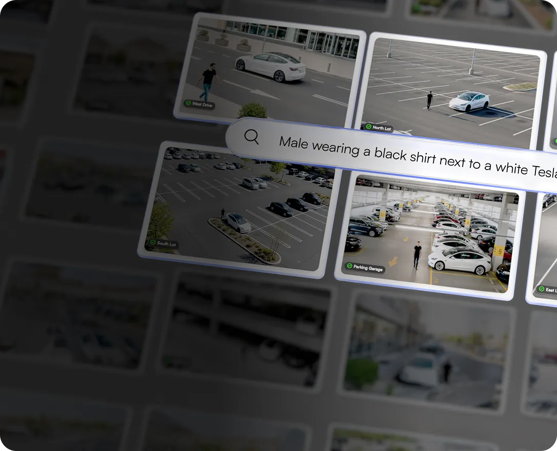 Multiple security camera views showing a man in a black shirt near white Tesla cars in various parking lots including West Drive, North Lot, South Lot, and Parking Garage.