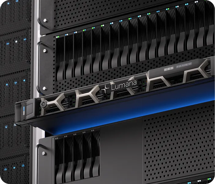 Close-up of a high-tech server rack with multiple black server units, LED indicators, and a central Lumana-branded component.