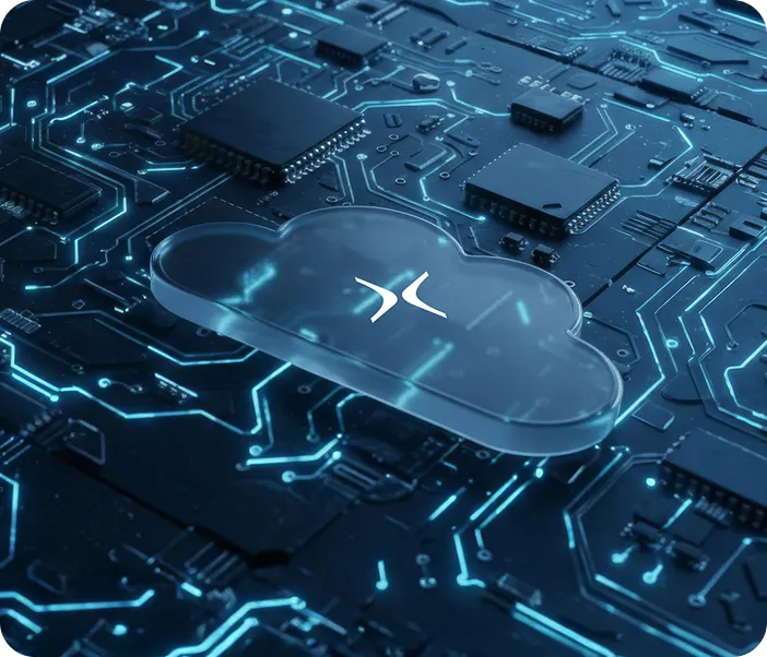 Transparent cloud-shaped icon with a white symbol inside, placed on a glowing blue circuit board.