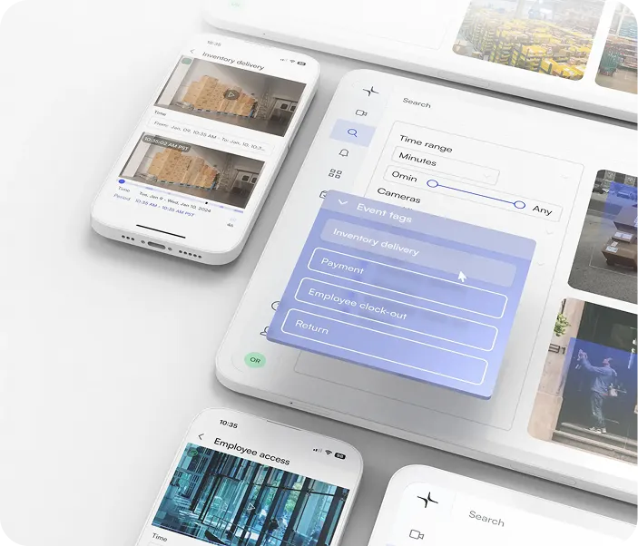 User interface showing event tags and video thumbnails related to inventory delivery and employee access on mobile and tablet devices.