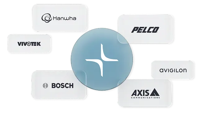 Logos of security and surveillance brands Hanwha, Pelco, Vivotek, Avigilon, Bosch, and Axis Communications surrounding a central blue circle with a white abstract symbol.