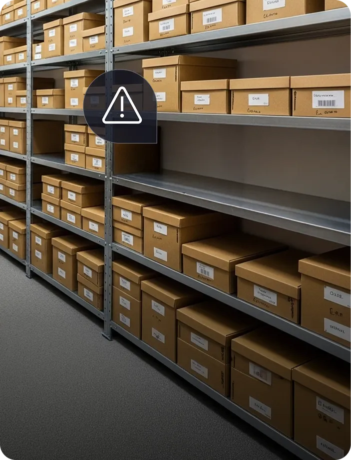 Metal shelving units filled with neatly stacked brown cardboard storage boxes in a storage room.