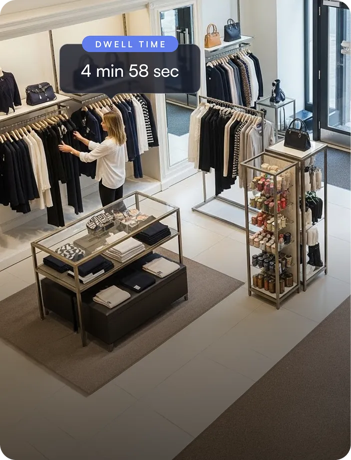 Woman browsing black and white clothing on racks inside a well-lit boutique, with a display case and shelves of accessories nearby, labeled with dwell time of 4 minutes 58 seconds.