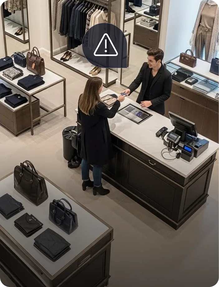 Salesperson handing a credit card to a customer across the checkout counter in a clothing store.
