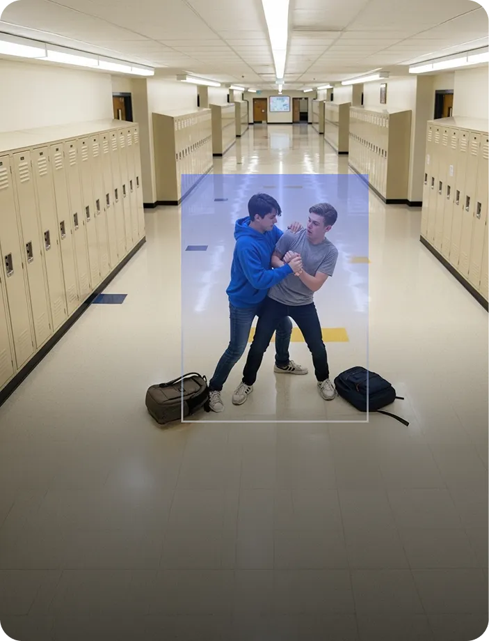Two teenage boys in a school hallway engaged in a physical fight near lockers, with their backpacks on the floor.