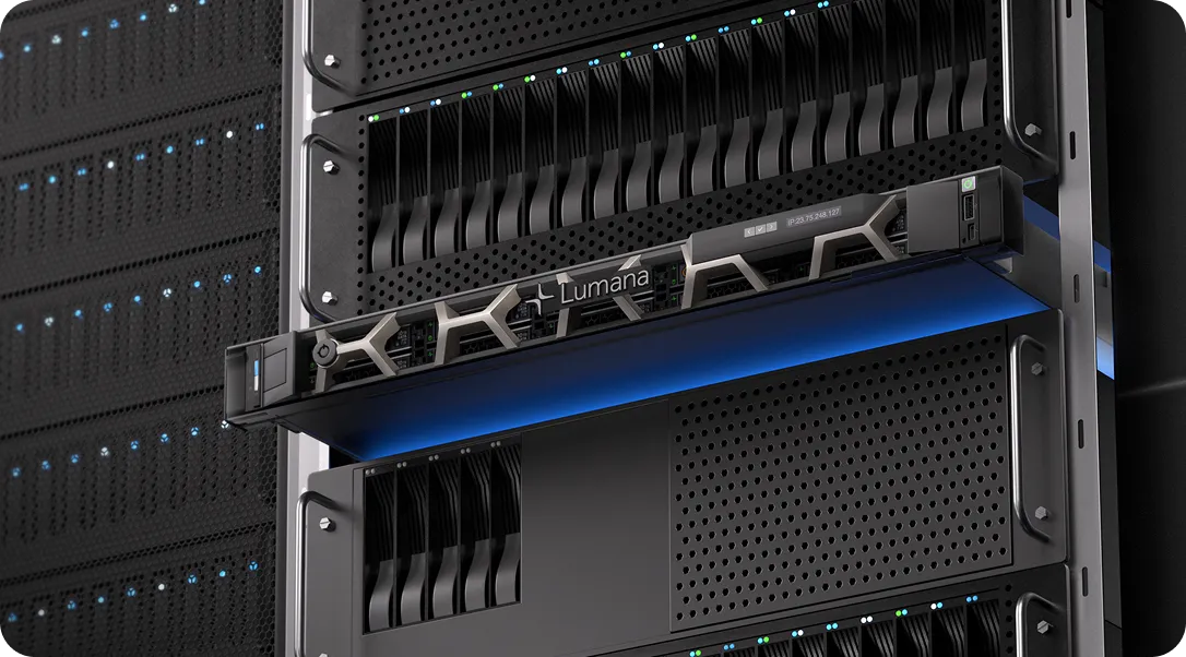 Close-up of a Lumana server unit with blue LED lights installed in a data center rack.