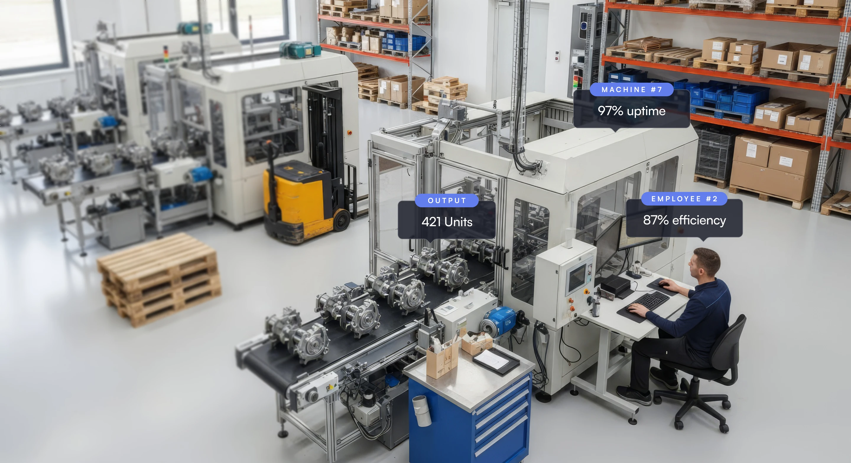 Factory setting with automated machinery producing metal parts on a conveyor belt and a man seated at a desk monitoring production metrics on a computer.