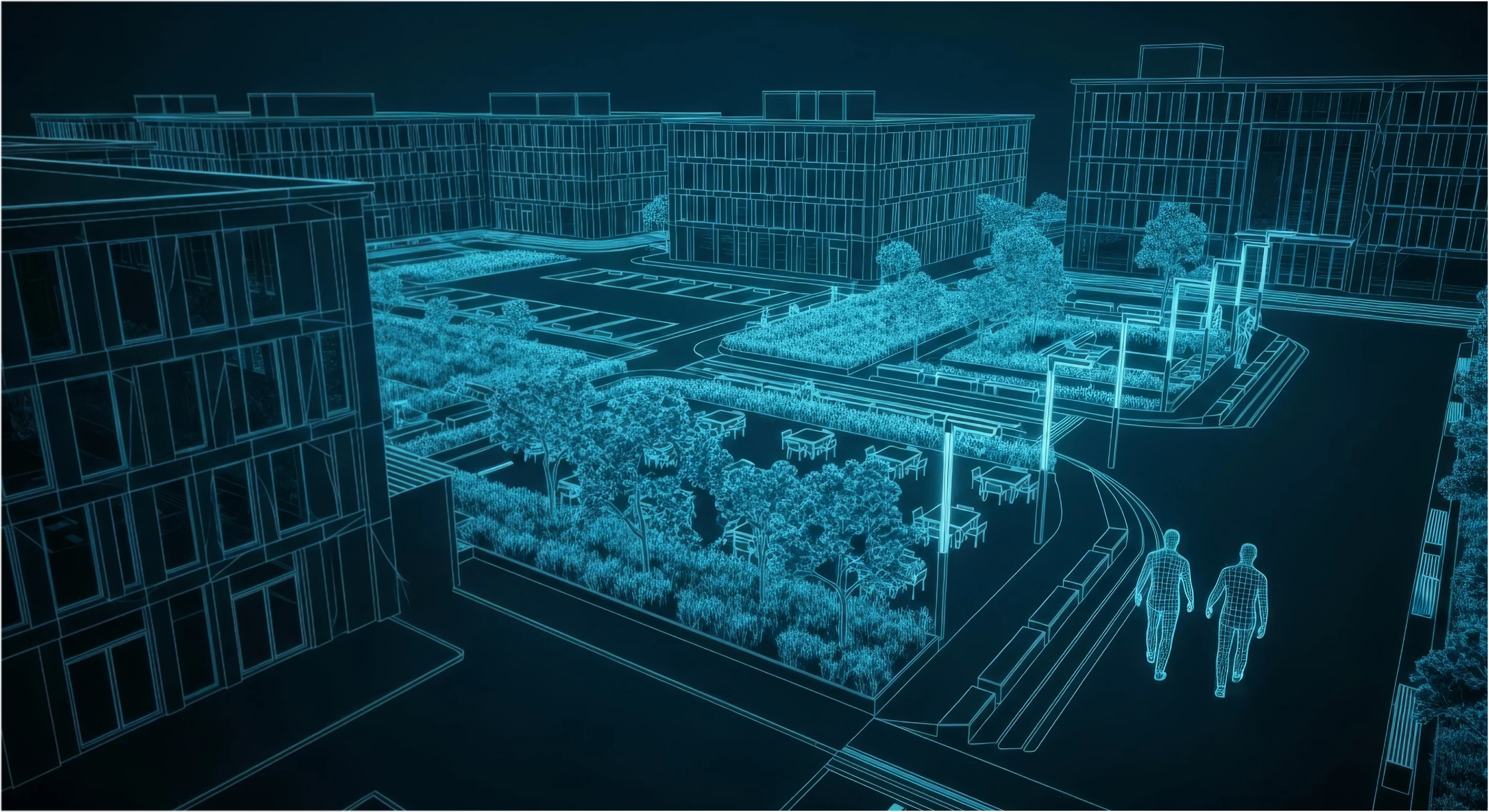 Digital wireframe rendering of a modern urban complex with multiple buildings, trees, outdoor seating, and two walking figures.
