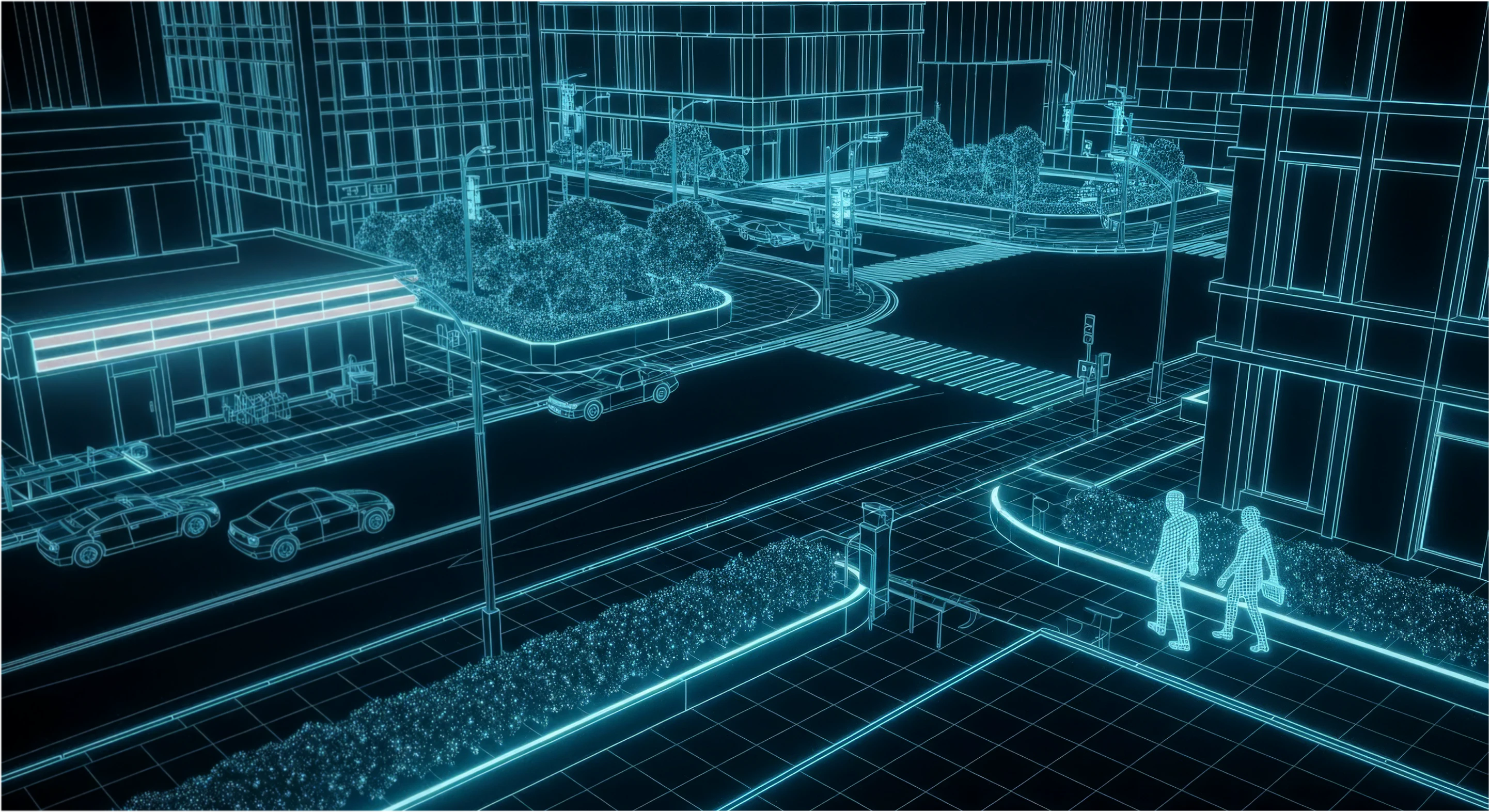 3D wireframe model of a city intersection with buildings, cars, trees, and two pedestrians walking on the sidewalk.