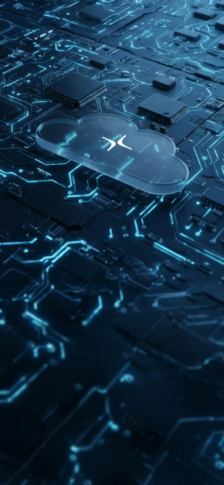 Transparent cloud icon with white symbol on a glowing blue circuit board background representing cloud computing technology.