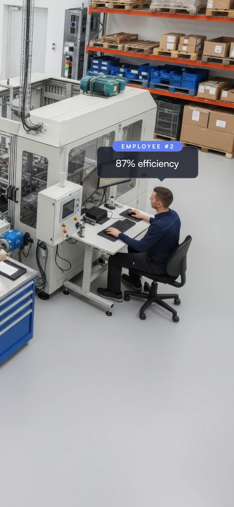 Employee sitting at a workstation operating a machine in an industrial setting with shelves of boxes in the background, showing 87% efficiency.