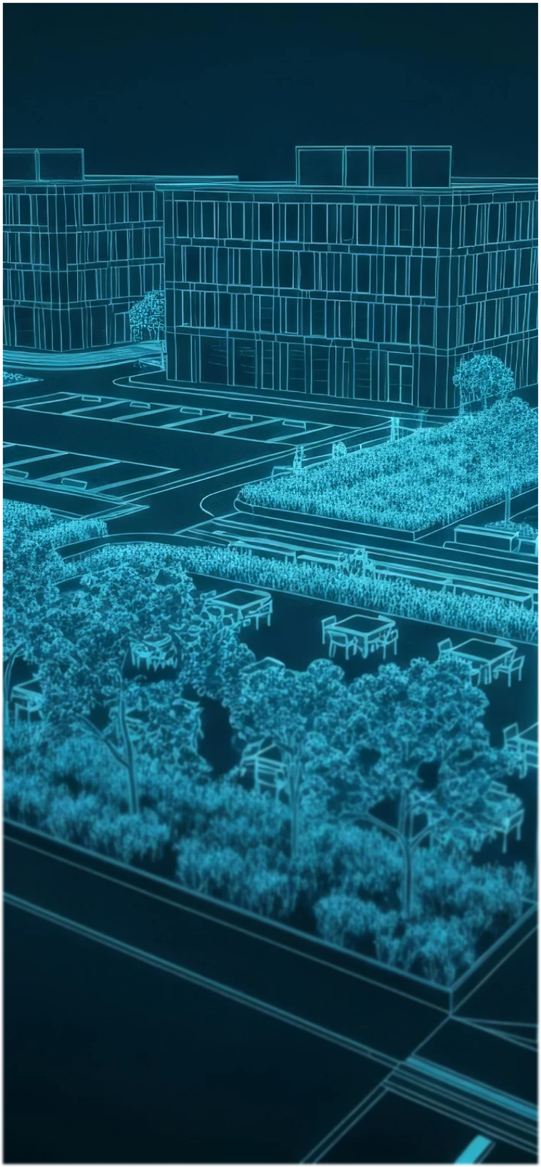 Digital wireframe model of a modern office complex with buildings, parking spaces, trees, and outdoor seating areas.
