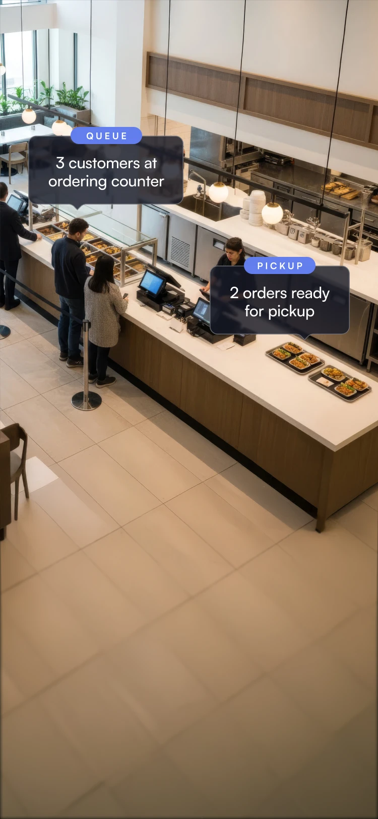 Three customers queue at a cafeteria ordering counter with two staff serving and two orders ready for pickup on trays.