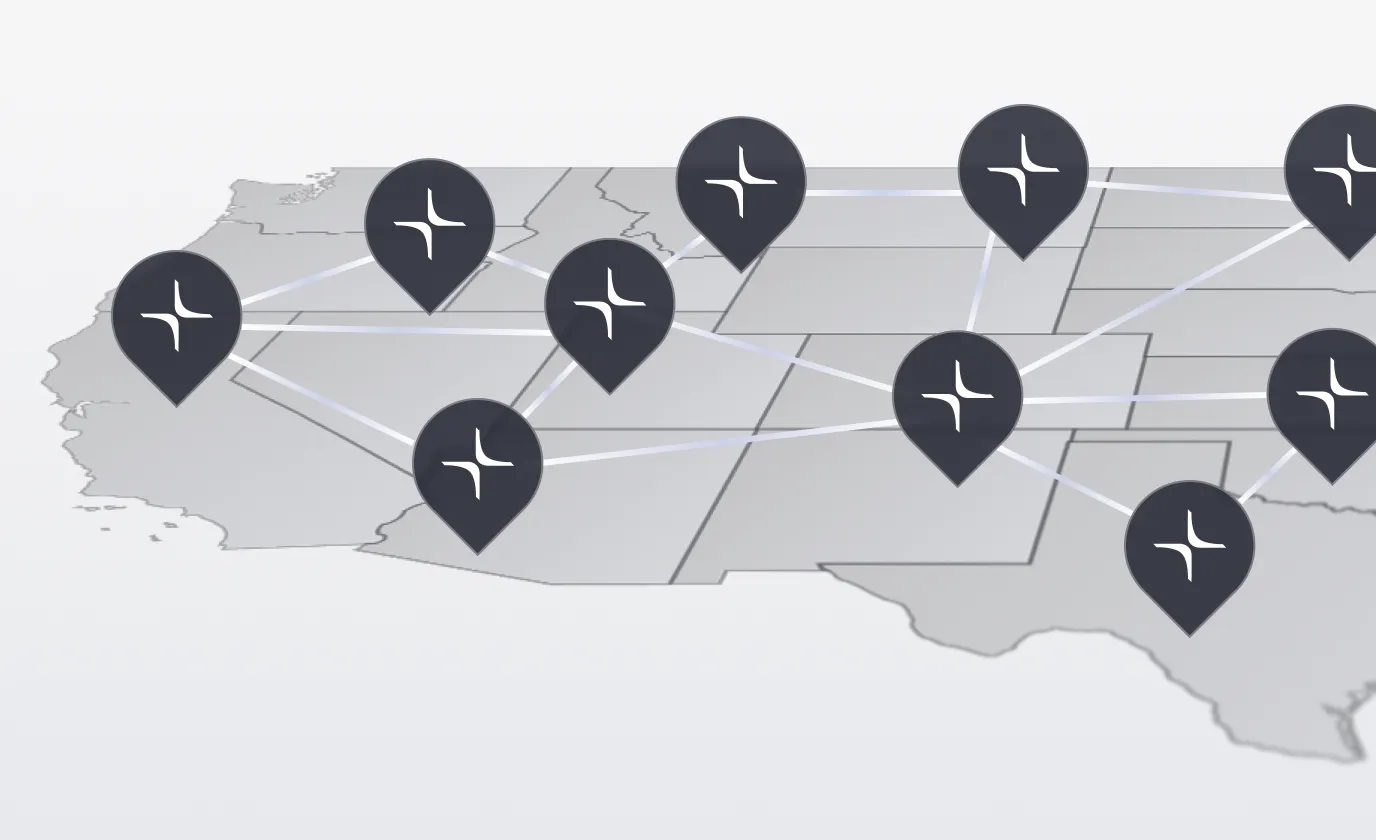 Map of western United States with connected dark map pins forming a network across states.