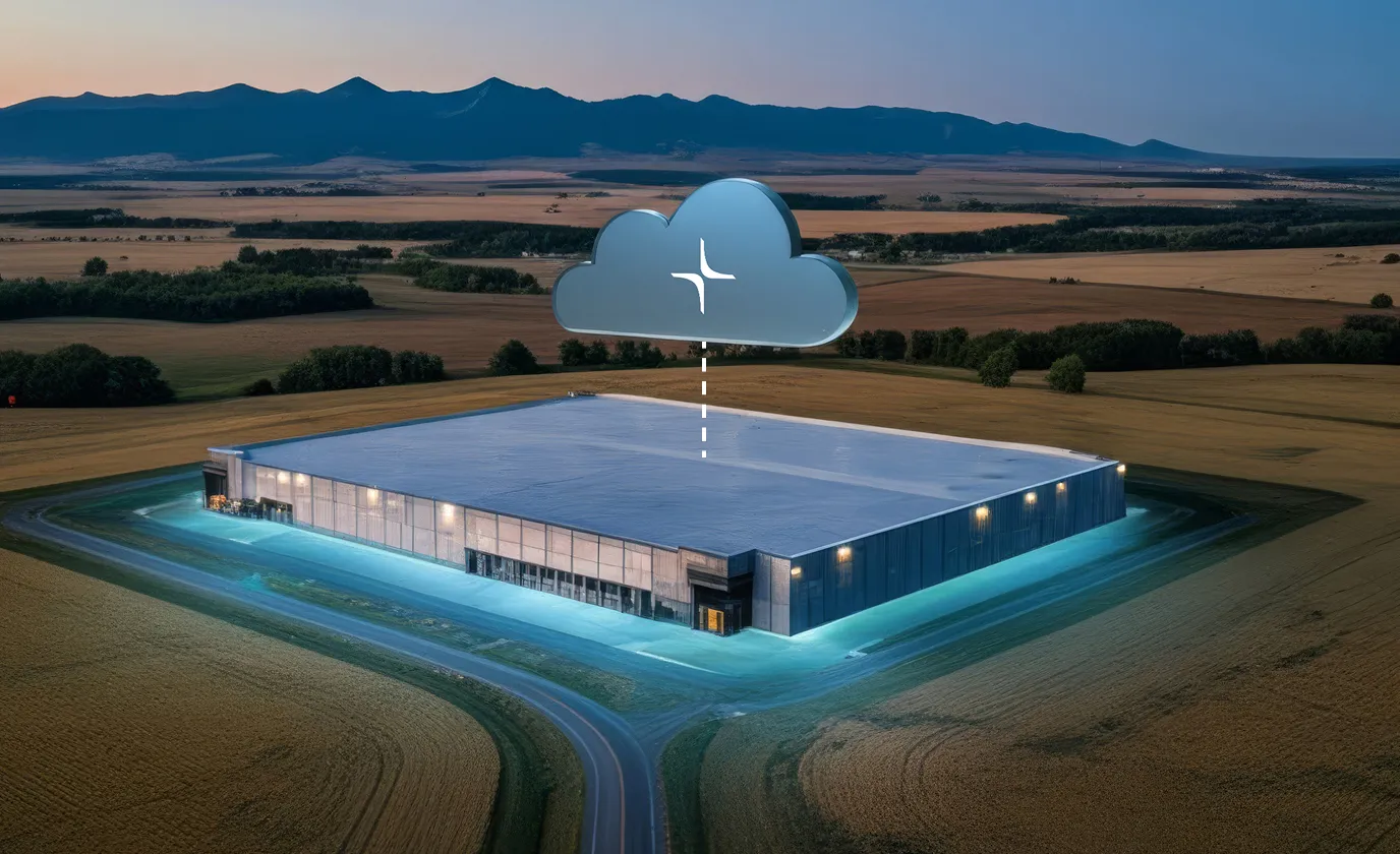 A large, illuminated data center building surrounded by farmland with a digital cloud icon hovering above it.