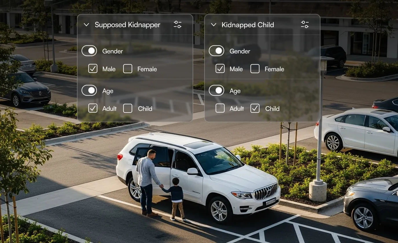 Man holding a young boy's hand near a white SUV in a parking lot with overlay boxes showing selections for supposed kidnapper and kidnapped child characteristics.