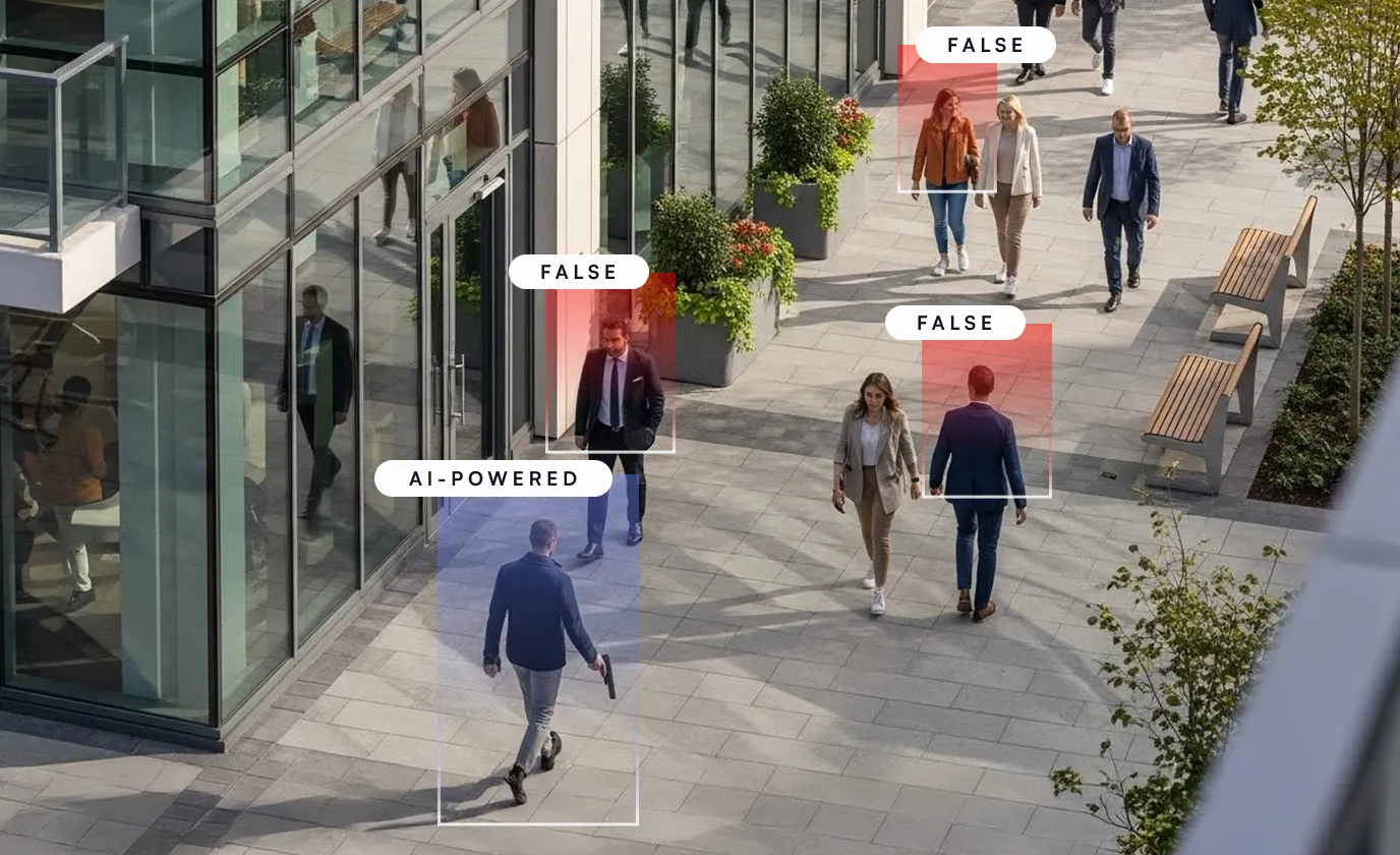 Outdoor scene with several people walking on a plaza outside a modern glass building, one man carrying a gun highlighted as AI-powered threat detection.