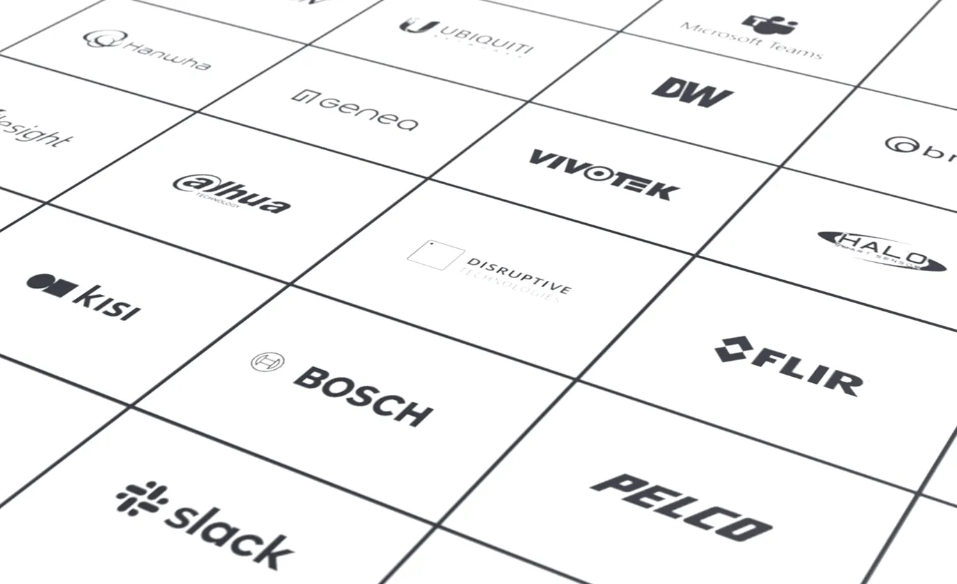 Grid layout displaying logos of technology companies including Hanwha, Ubiquiti Networks, Microsoft Teams, Genetec, Dahua Technology, VIVOTEK, HALO Smart Sensor, Kisi, Disruptive Technologies, FLIR, Bosch, Pelco, and Slack.