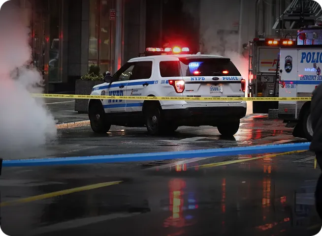 NYPD police SUV with flashing lights behind yellow caution tape on wet city street with steam rising nearby.