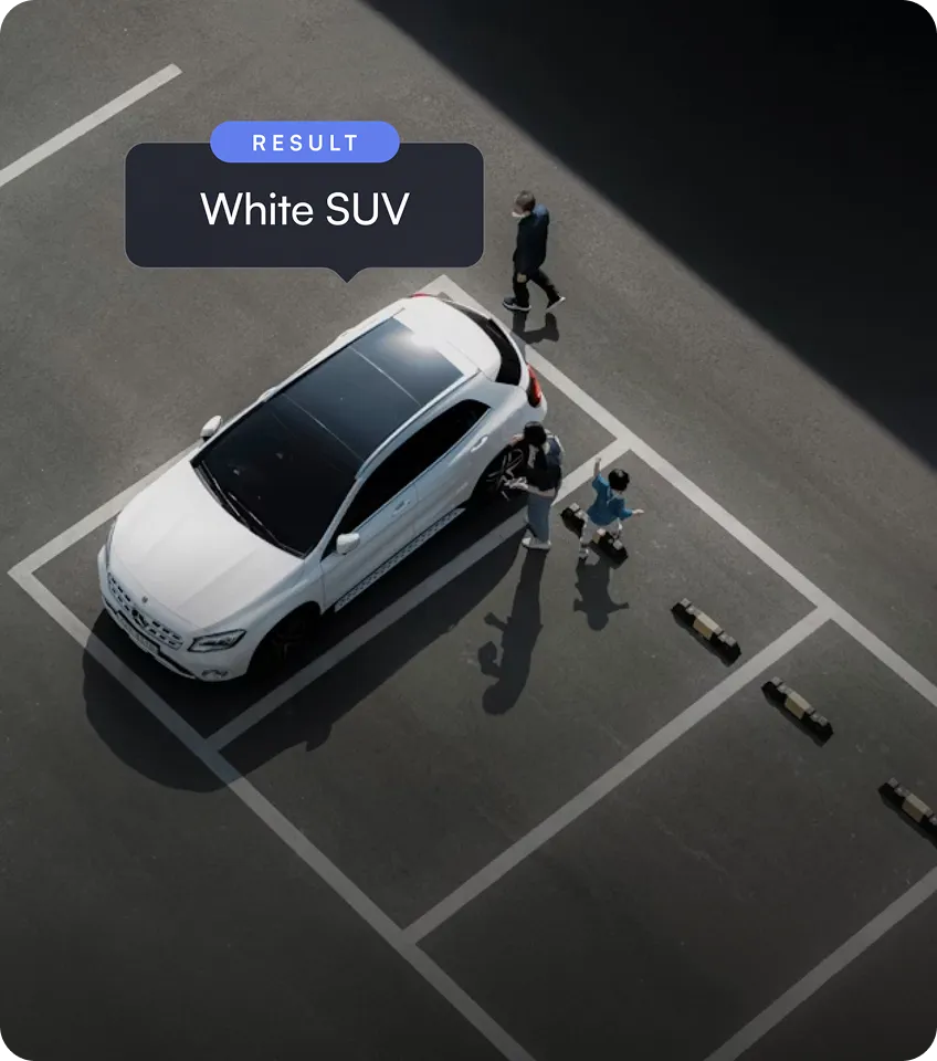 A white SUV parked in a lot with three people walking nearby casting shadows on the pavement.