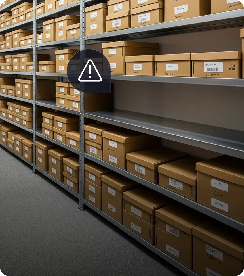 Rows of metal shelves filled with labeled brown storage boxes in a storage room.