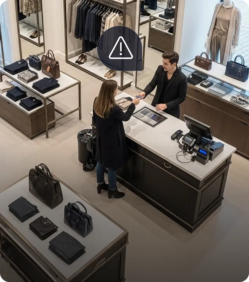 Customer handing credit card to a smiling male cashier at a clothing store counter with handbags and folded clothes displayed.