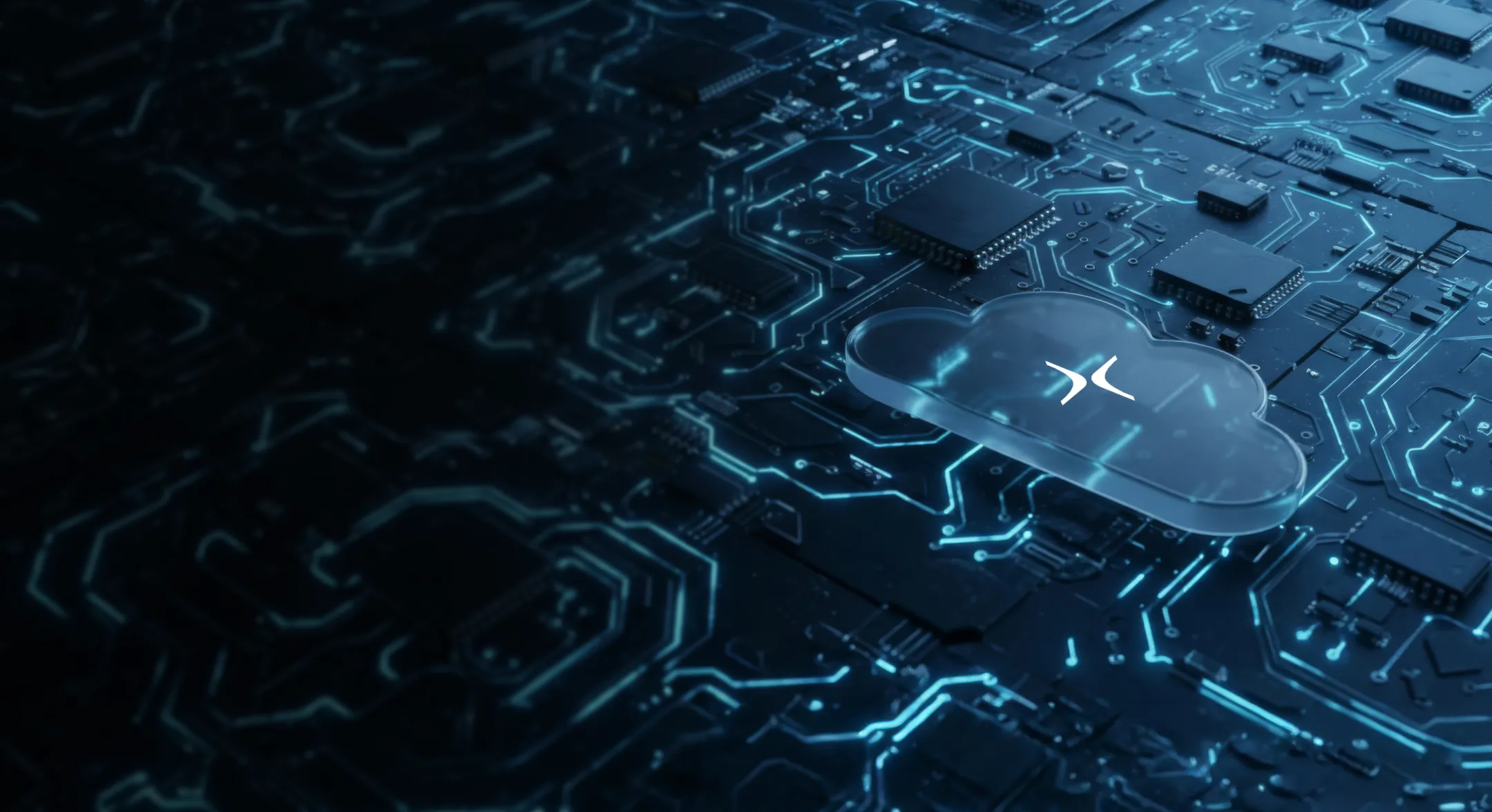 Transparent cloud icon with a network symbol inside, placed on a glowing blue circuit board background.