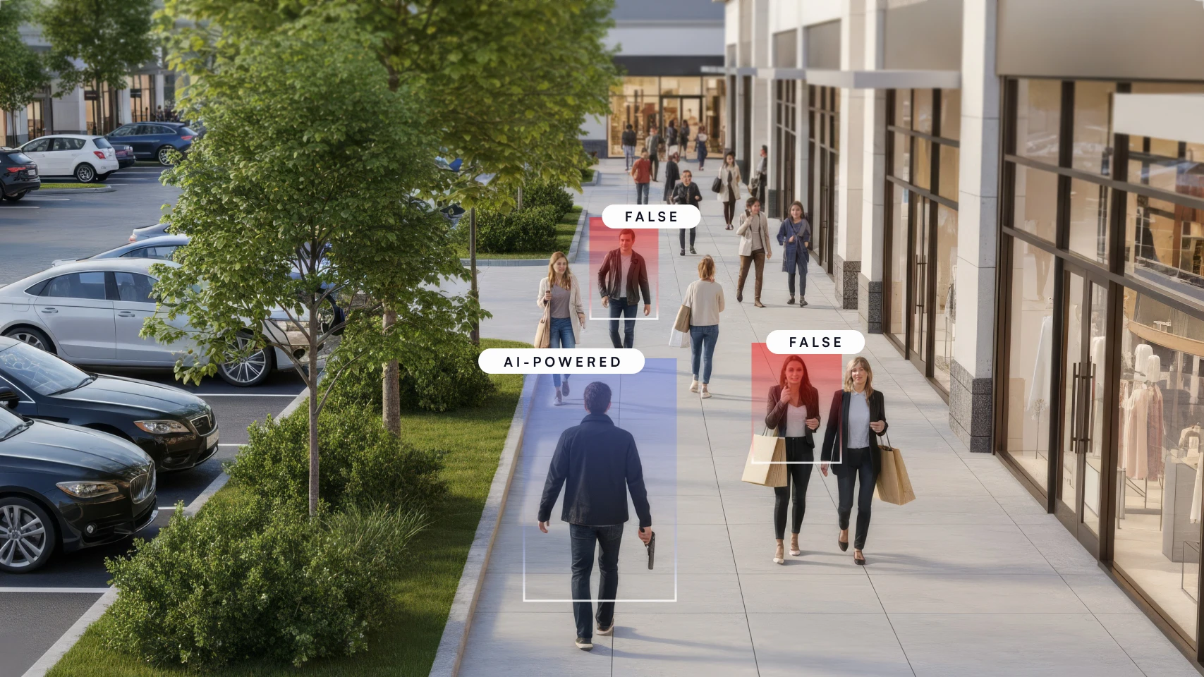 Man walking on sidewalk holding a gun identified by AI as a threat, while other pedestrians are labeled false positives.