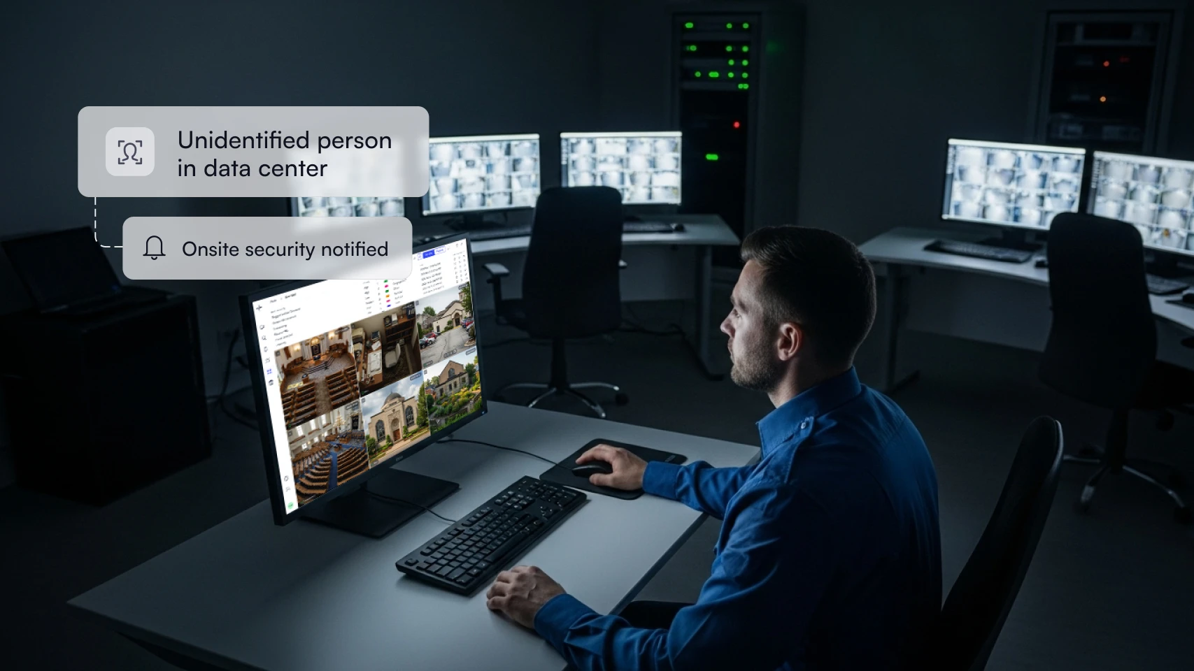 Man in blue shirt monitoring multiple security camera feeds on computer screens in a dimly lit control room, with notifications about an unidentified person and onsite security alerted.