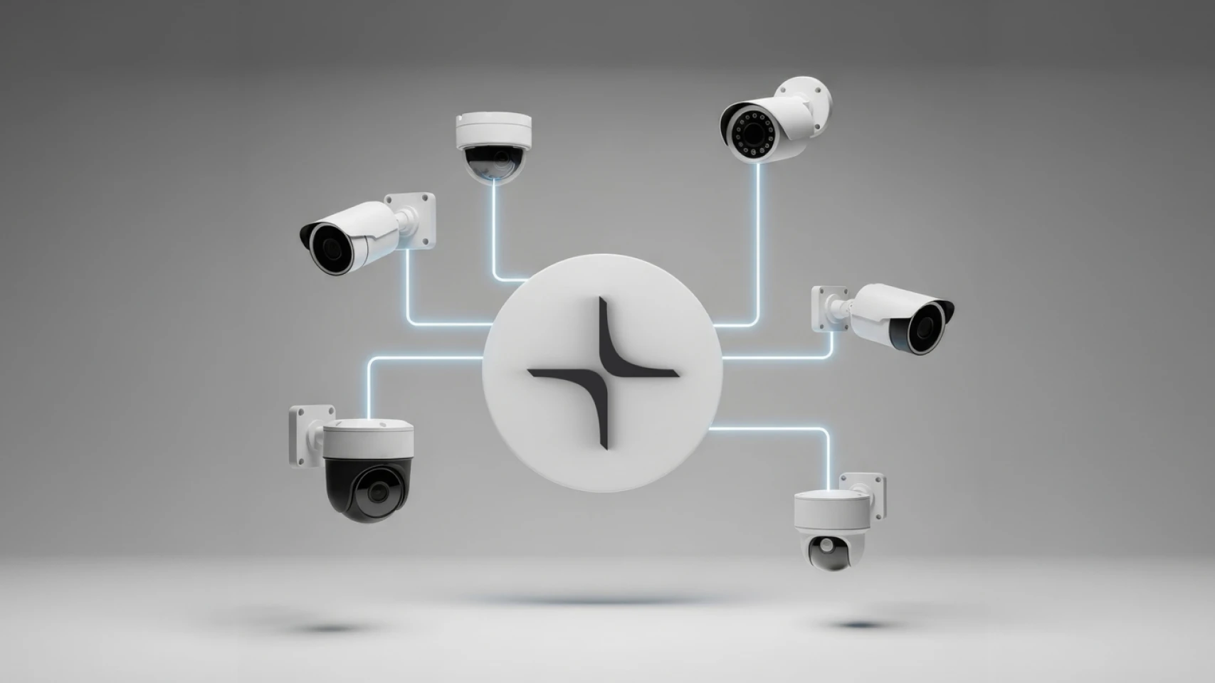 Six security cameras connected to a central hub with glowing lines on a gray background.