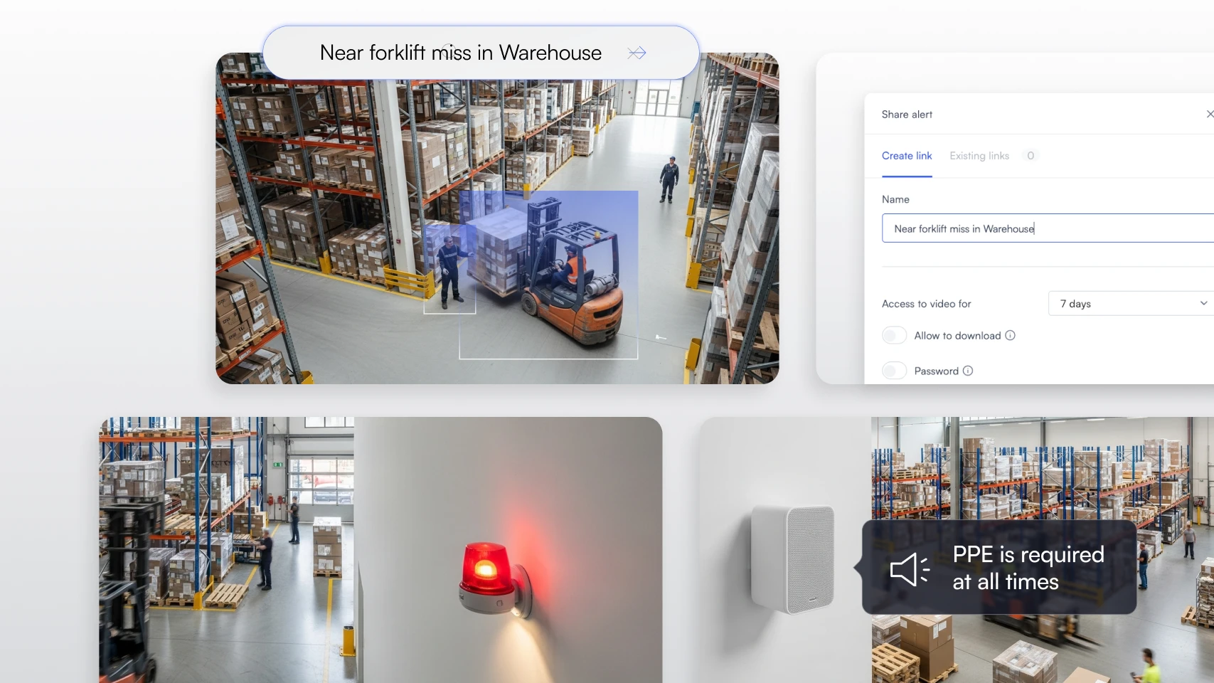 Warehouse with forklift moving boxes near workers, security alert system with red light, and a notification stating PPE is required at all times.
