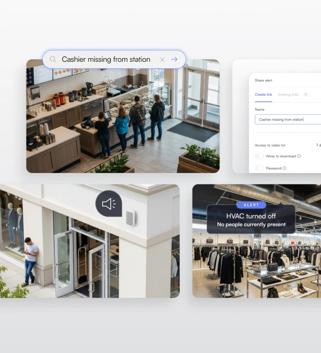 Collage showing a store with customers in line, alert messages about a missing cashier and HVAC turned off with no people present, and a notification sound icon outside a retail entrance.