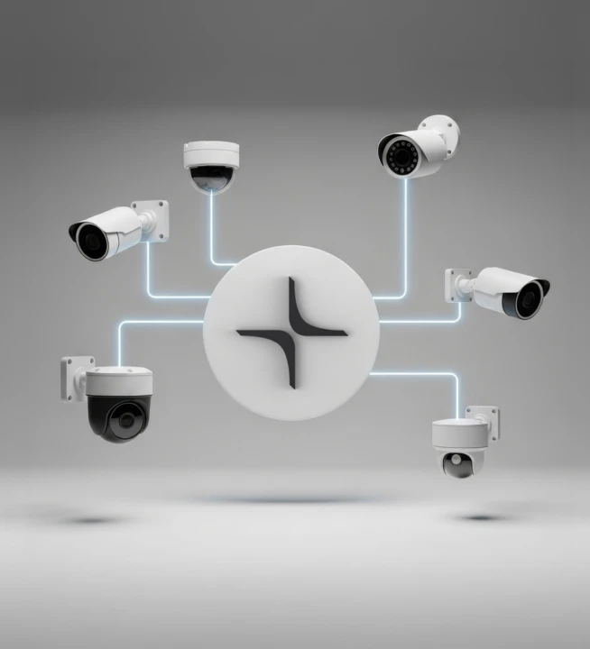 Six white security cameras connected by blue lines to a central circular hub with a black cross symbol in a gray background.