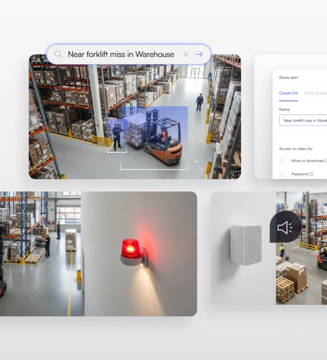 Warehouse scene with forklift carrying pallets, workers, a red warning light on a wall, and a speaker with sound icon.