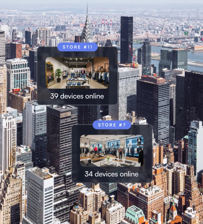 Aerial cityscape of skyscrapers with two overlays showing storefronts; Store #11 with 39 devices online and Store #7 with 34 devices online.