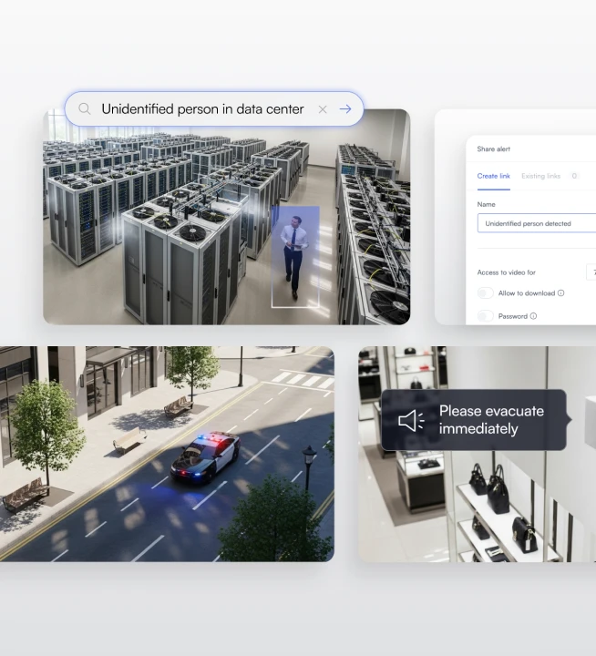 Collage showing security scenarios: a man detected and highlighted in a data center, a police car with lights on driving on a street, and a retail store alert stating 'Please evacuate immediately'.