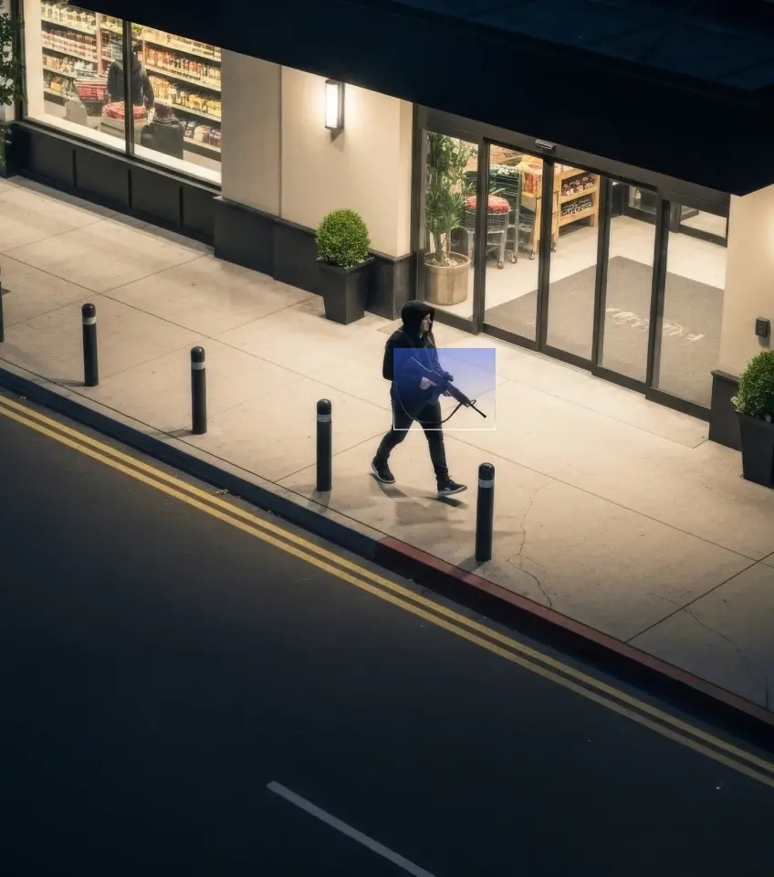 Person in dark clothing and hood holding a rifle walking on sidewalk outside a store at night.