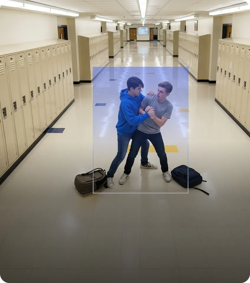 Two teenage boys struggling and grabbing each other in an empty school hallway with lockers on both sides and backpacks on the floor.