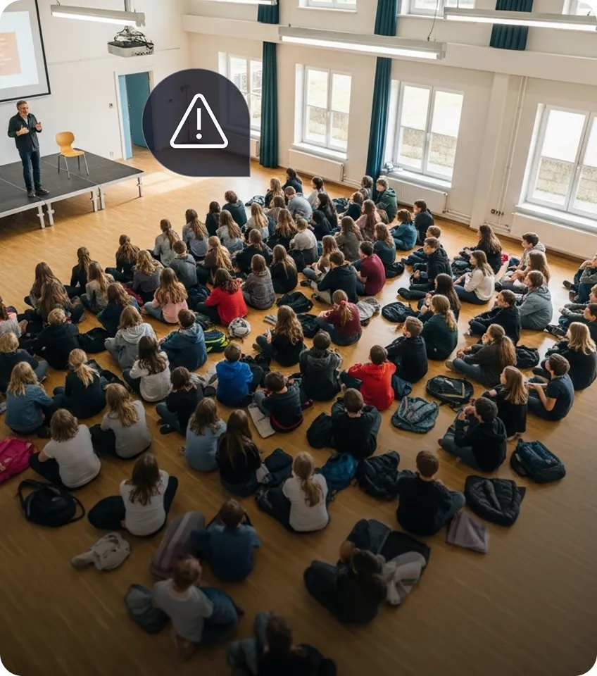 Large group of students sitting on the floor facing a speaker on a small stage in a bright classroom or auditorium.