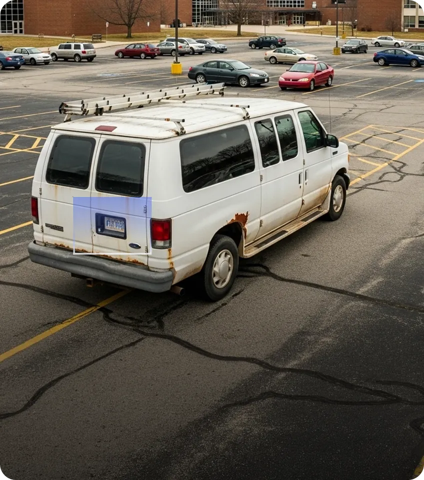 White van with a roof ladder and visible rust parked in a lot with other cars and a brick building in the background.