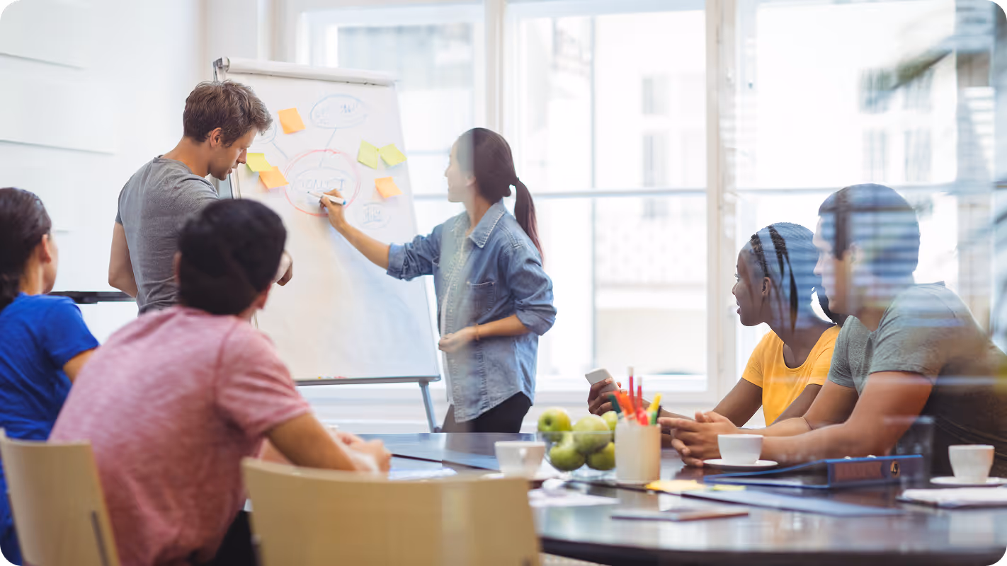 A woman presenting ideas on a flip chart to a group of diverse people sitting around a conference table in a bright office.