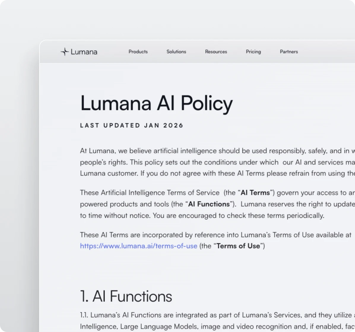 Screenshot of Lumana AI Policy webpage showing terms of service, last updated January 2026, and introduction to AI Functions section.