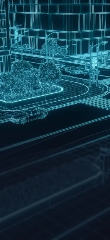 Digital wireframe rendering of a city intersection with roads, cars, trees, traffic lights, and buildings in blue neon lines.